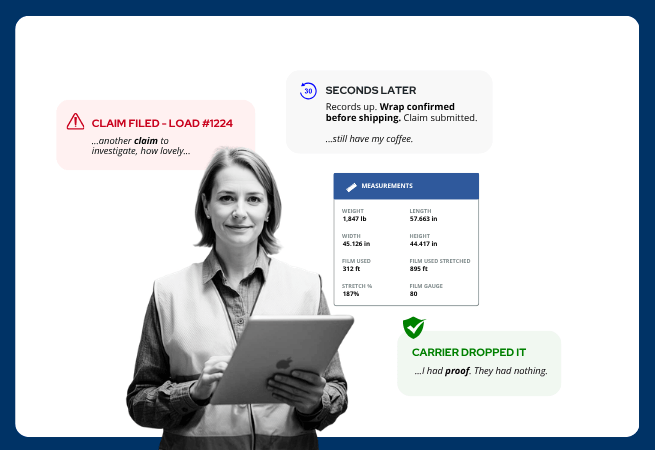 PalletVision graphic showing a claim filed, then load measurement data submitted as proof, resulting in the carrier dropping the claim.
