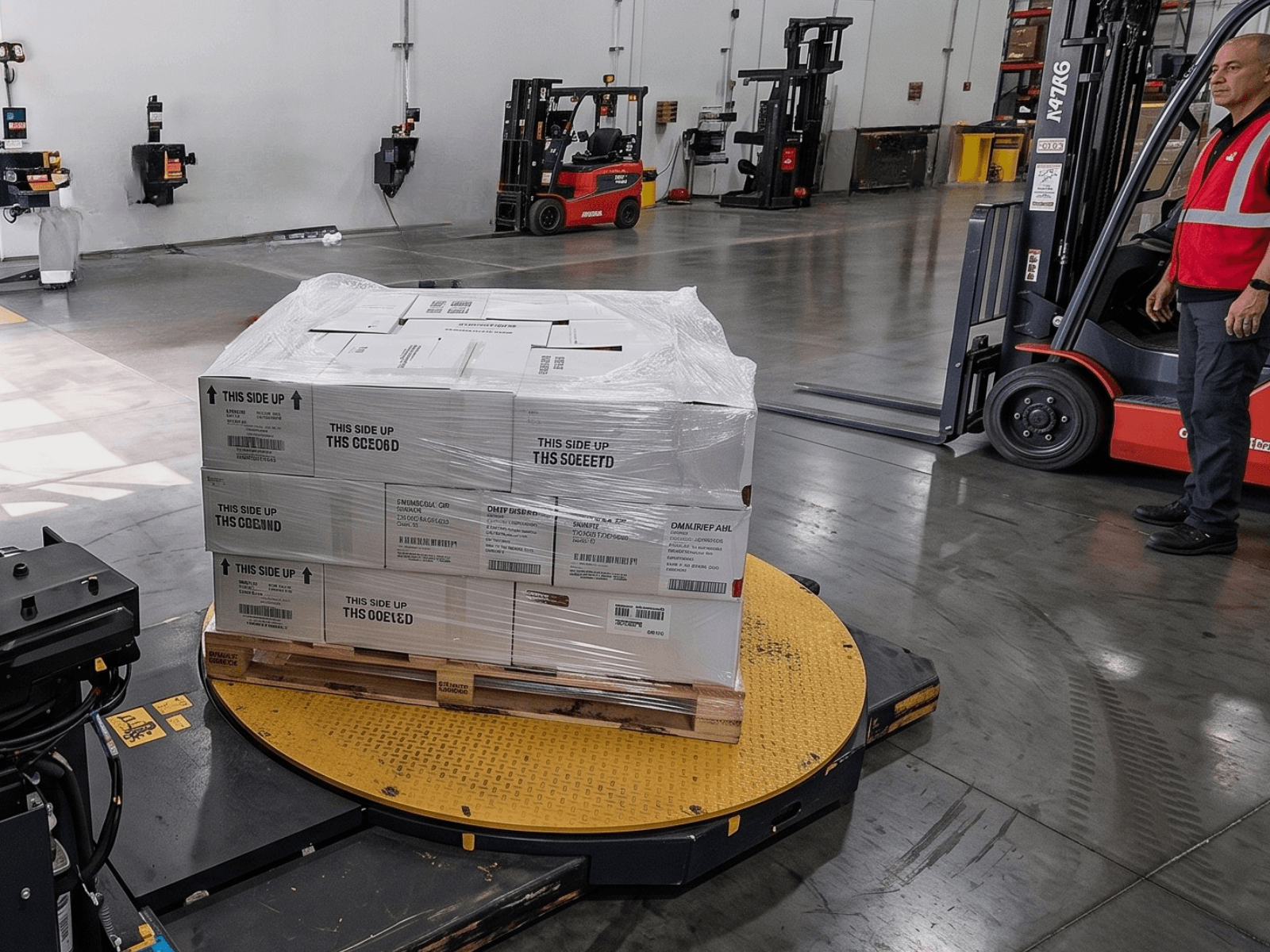 Wrapped pallet on a turntable at a wrap station, the wrap point where PalletVision captures verification before a load ships.